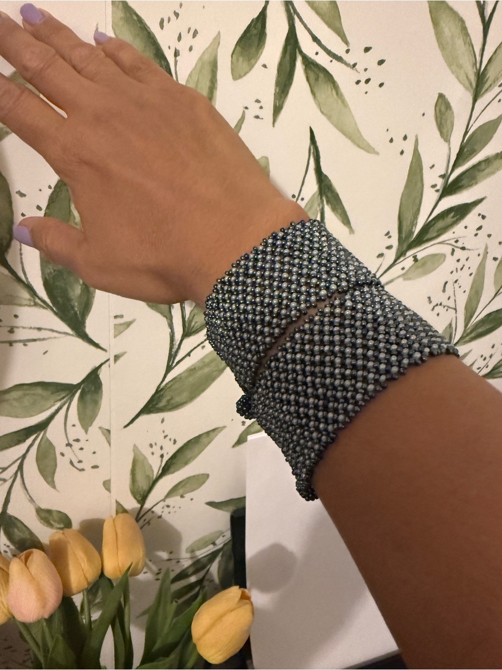 Handmade Beaded Cuff Bracelet - Slate Blue